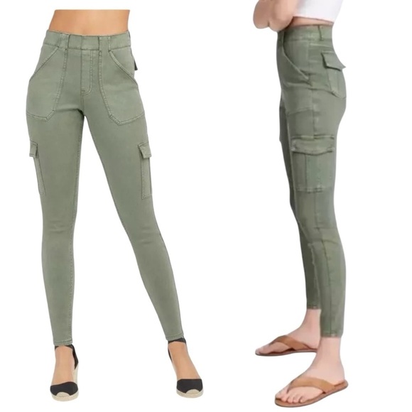 SPANX Stretch Twill Ankle Cargo Pants Womens Size M Green High Rise Jeans - Picture 1 of 6